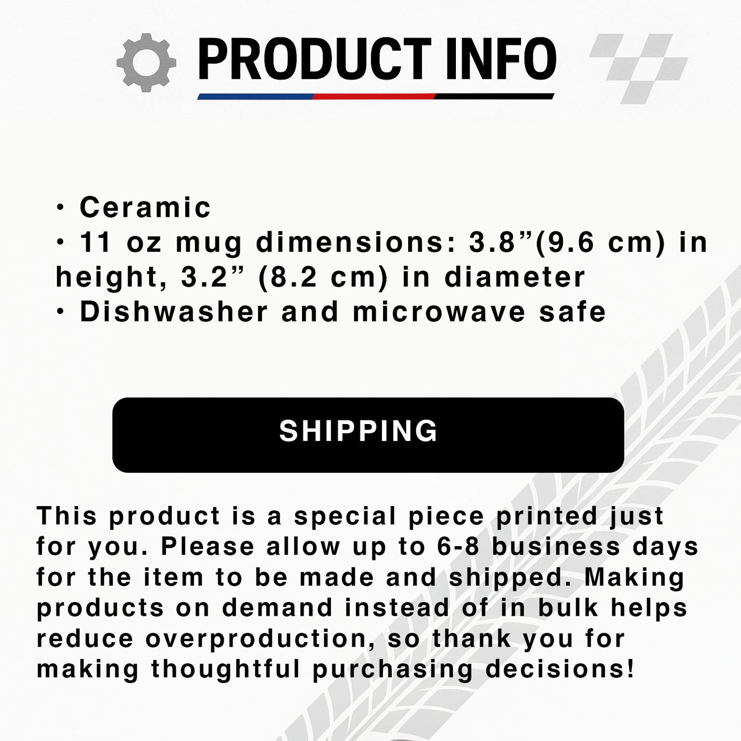Specs and shipping info for 11 oz white mug