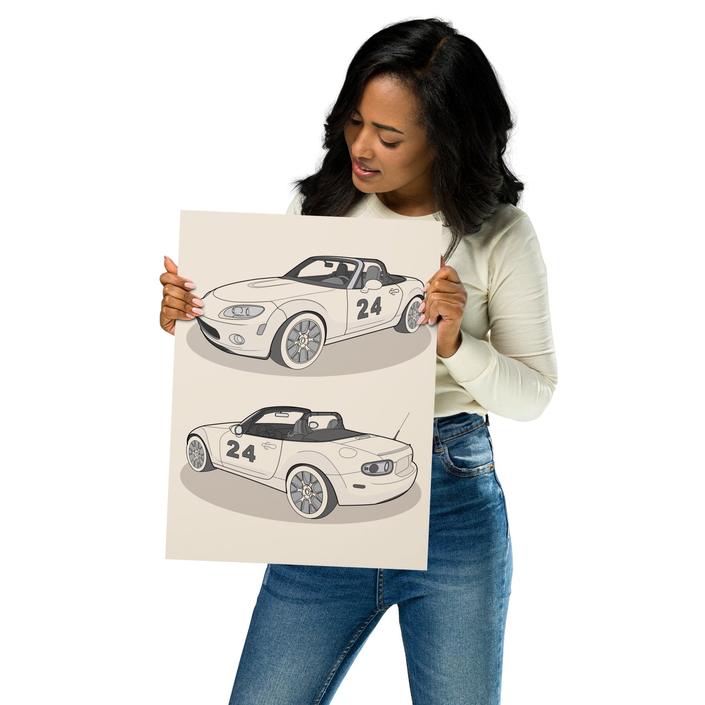 Woman holding a poster with car illustrations in dust color