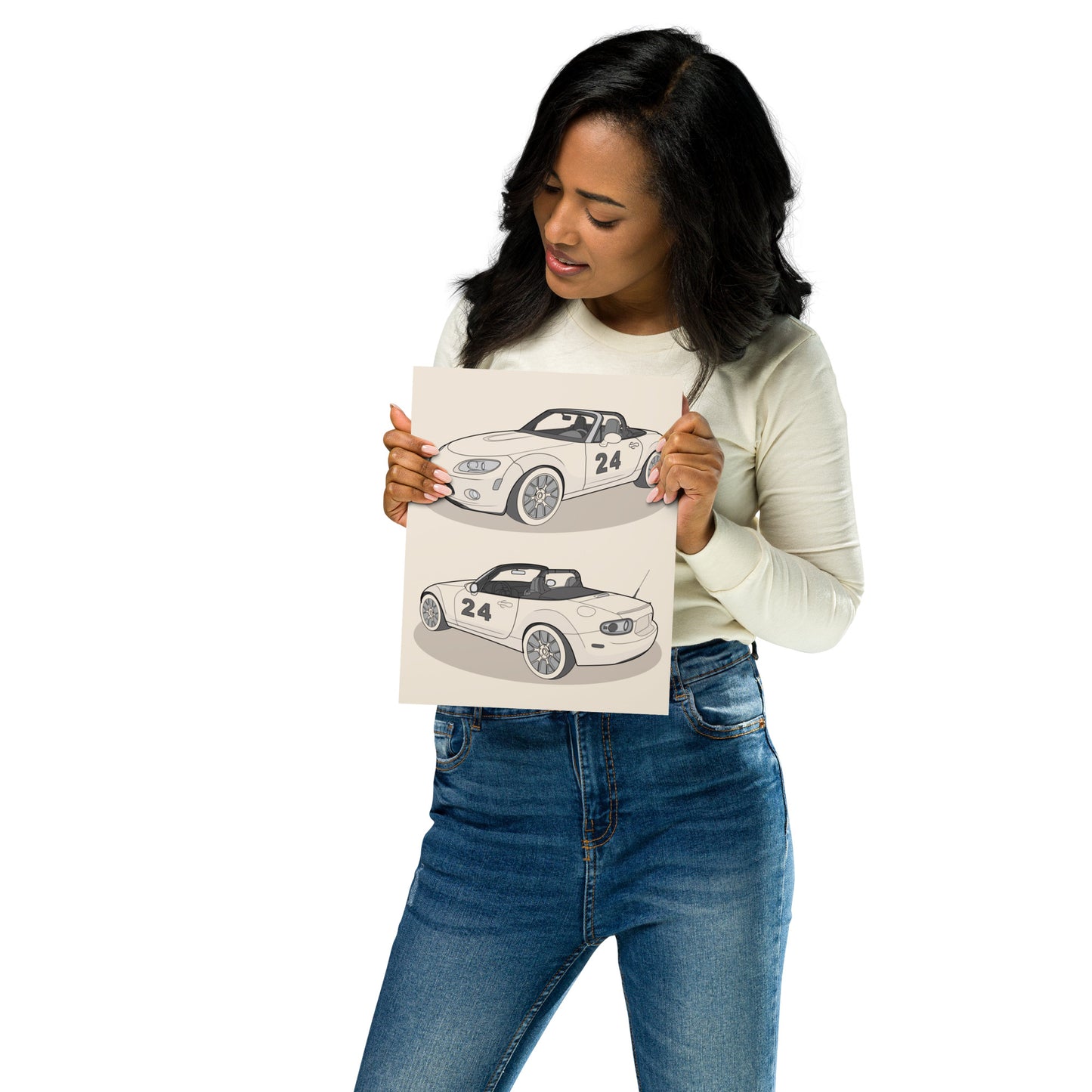 Woman holding an 8x10 illustration with car design in dust color