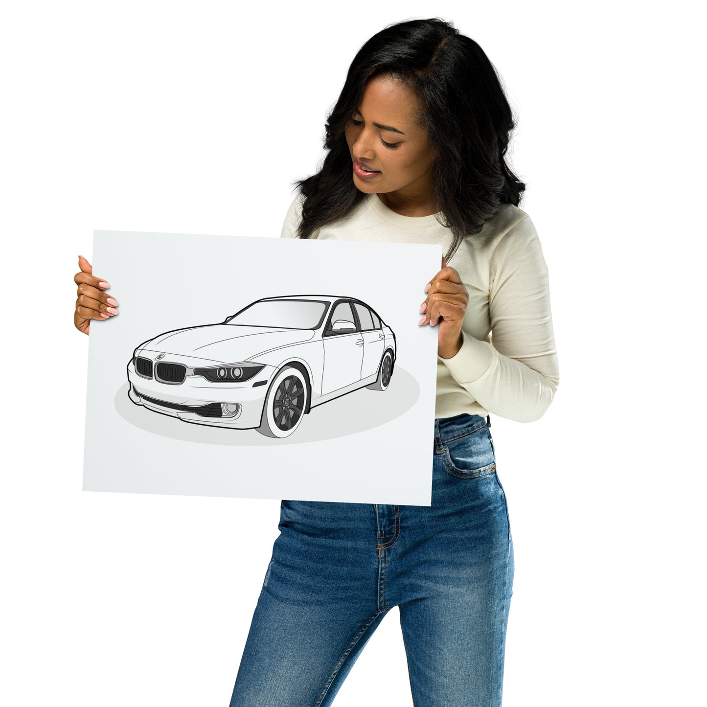 Woman holding a 12x16 car illustration