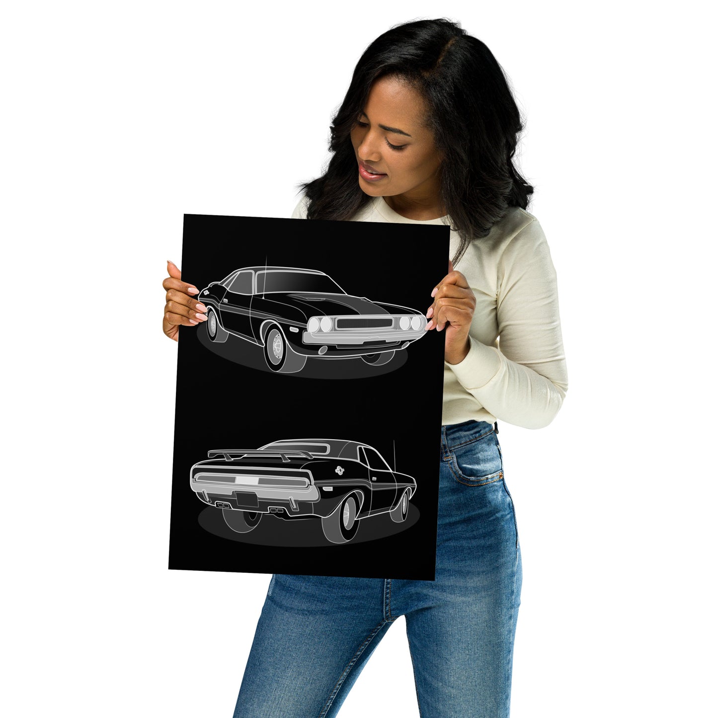Woman holding a black poster with illustration of two car angles