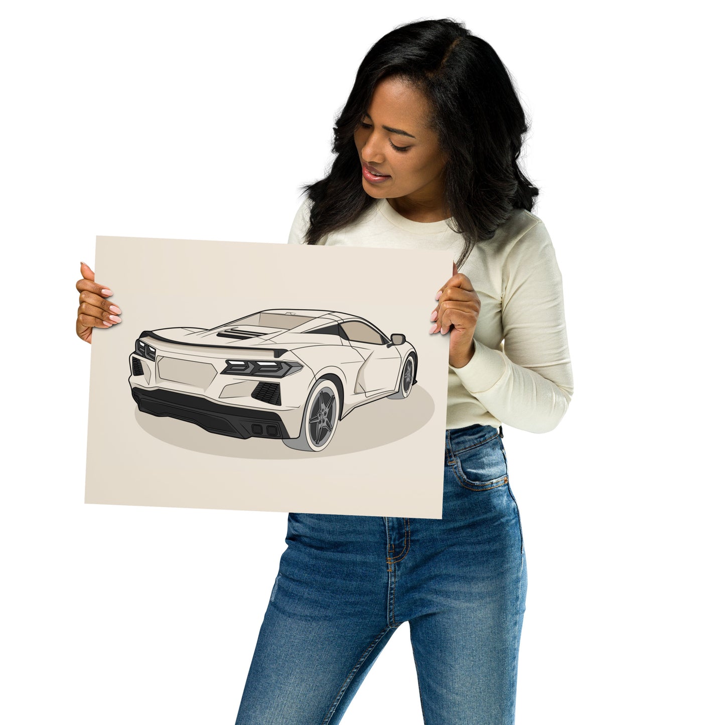 Woman holding a 12x16 drawing of a car in dust color