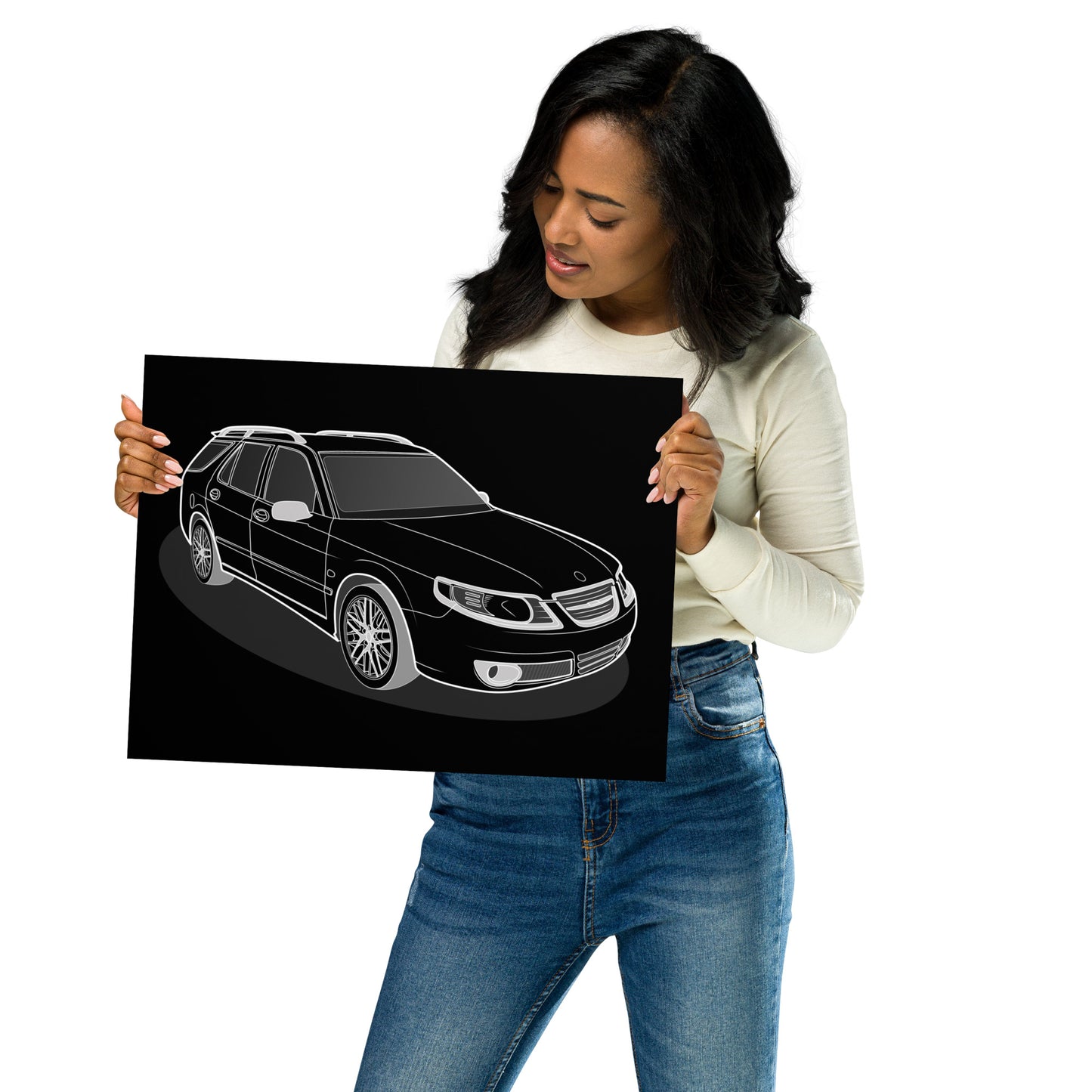 Woman holding a 12x16 black and white car illustration