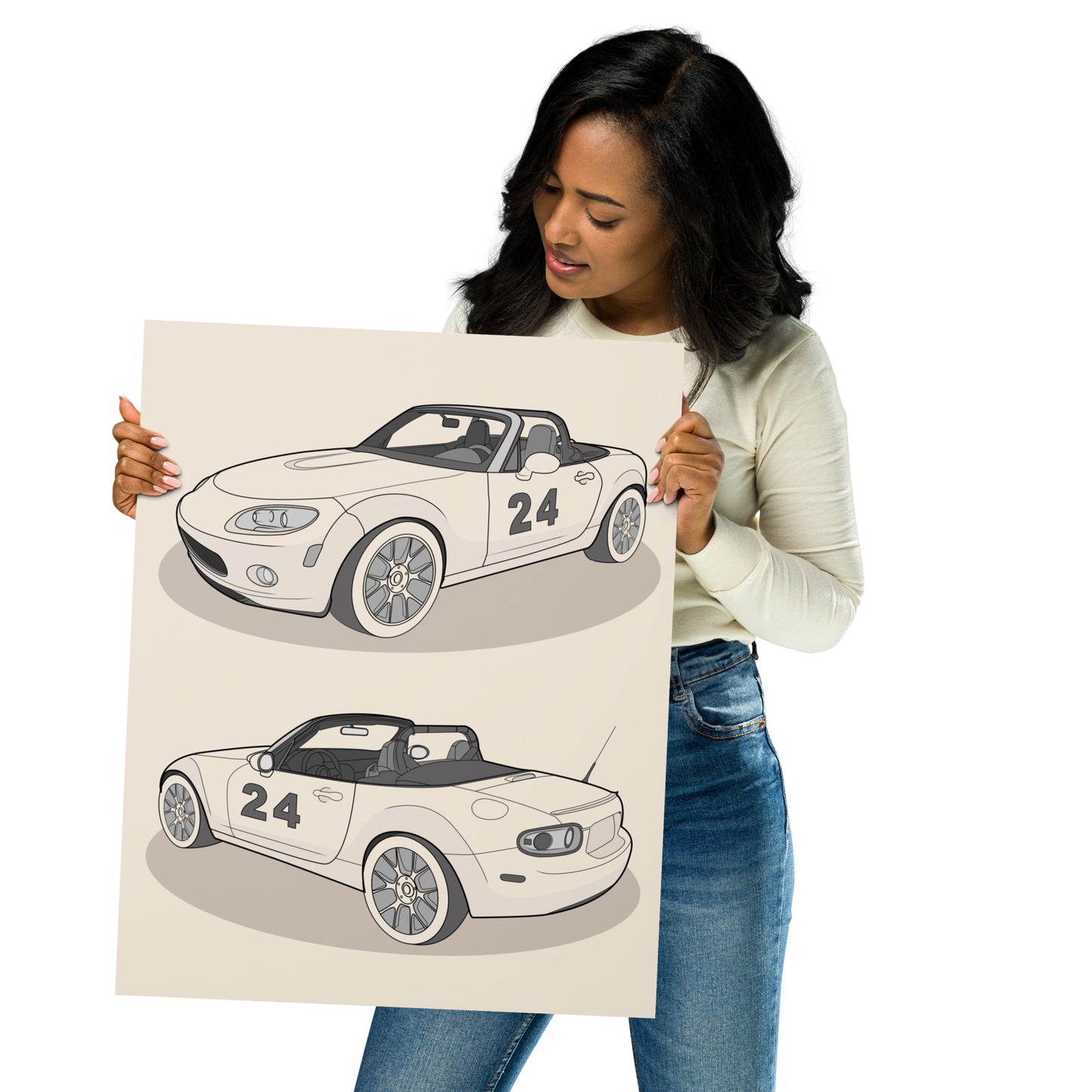 Woman holding a large 16x20 poster with two illustrations of cars