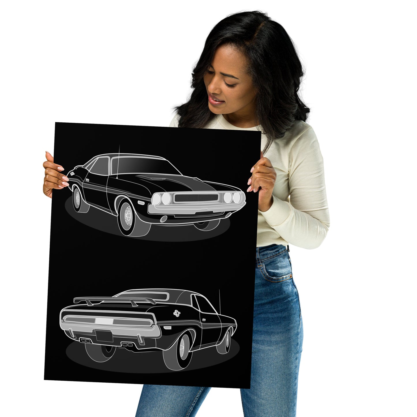 Woman holding a 16x20 black poster with illustration of two car angles