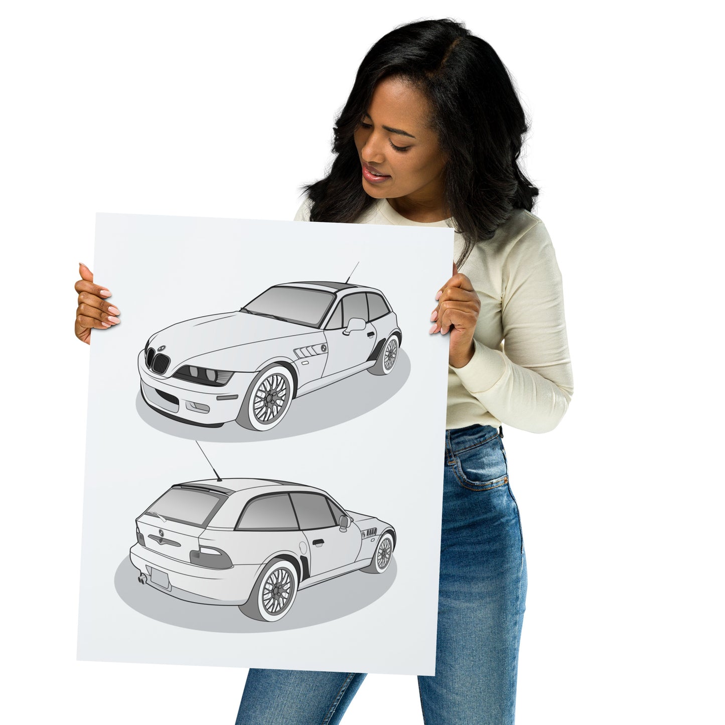 Person holding a 16x20 poster with two car illustrations