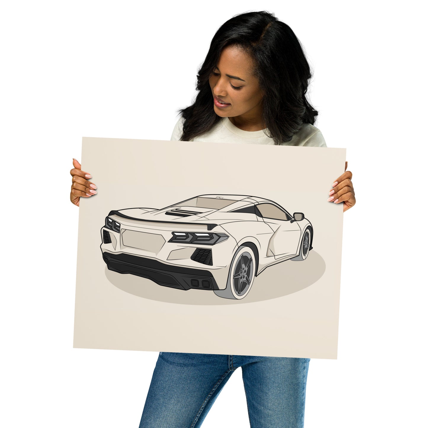Woman holding a 16x20 drawing of a car in dust color