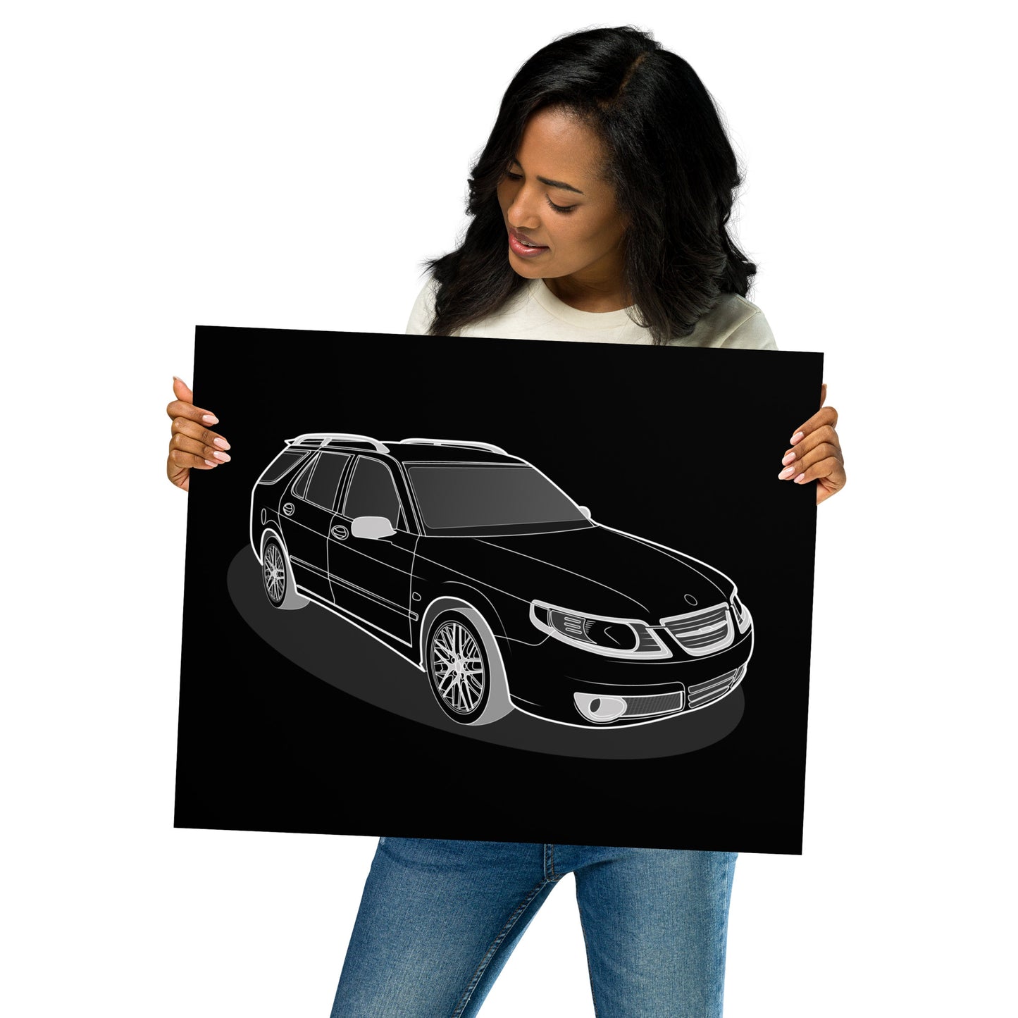 Woman holding a 16x20 black and white car illustration