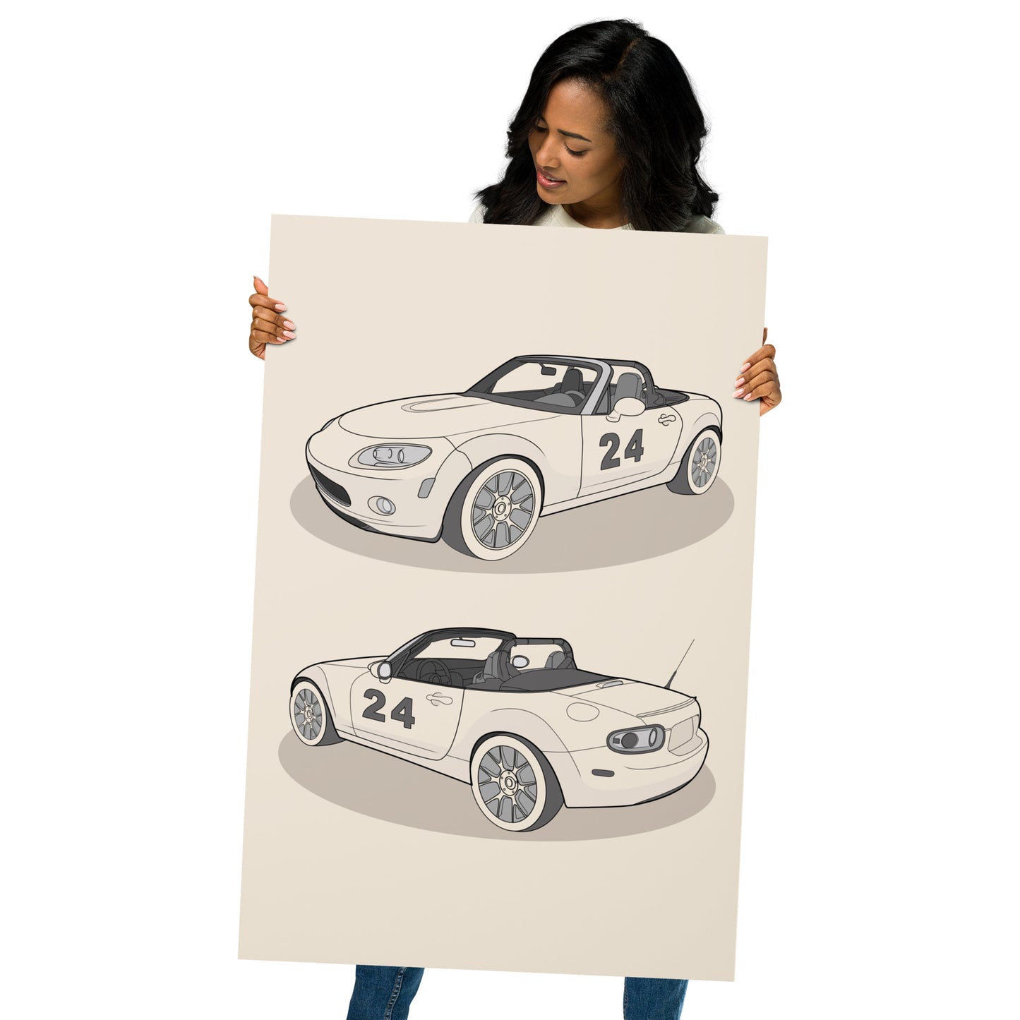 Woman holding a large 24x34 inch poster with an illustration of two car angles