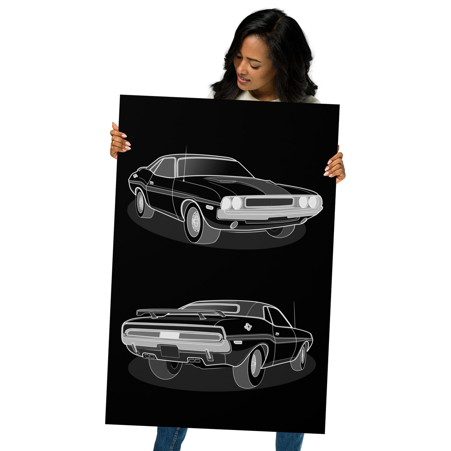 Woman holding a 24X36 inch black poster with illustration of two car angles