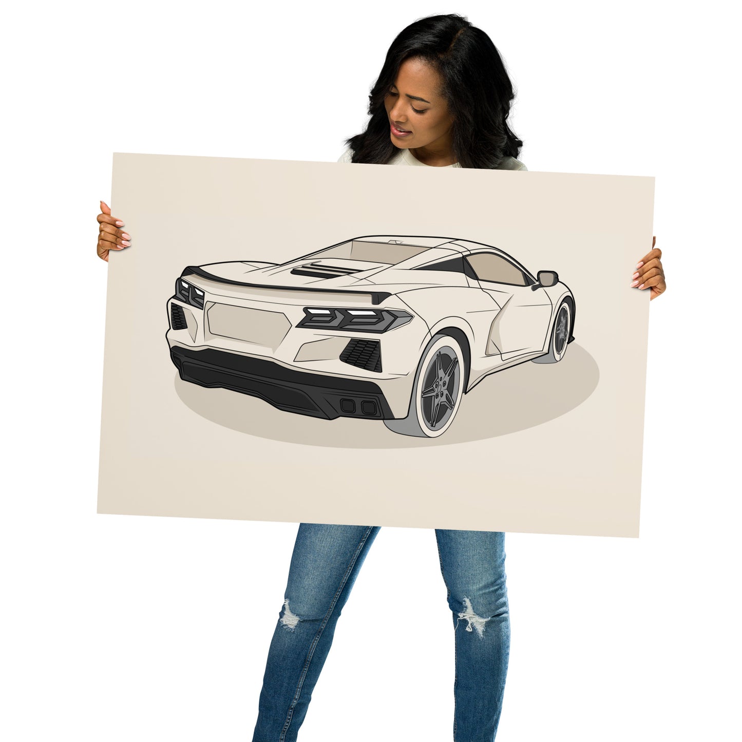 Woman holding a 24x36 drawing of a car in dust color