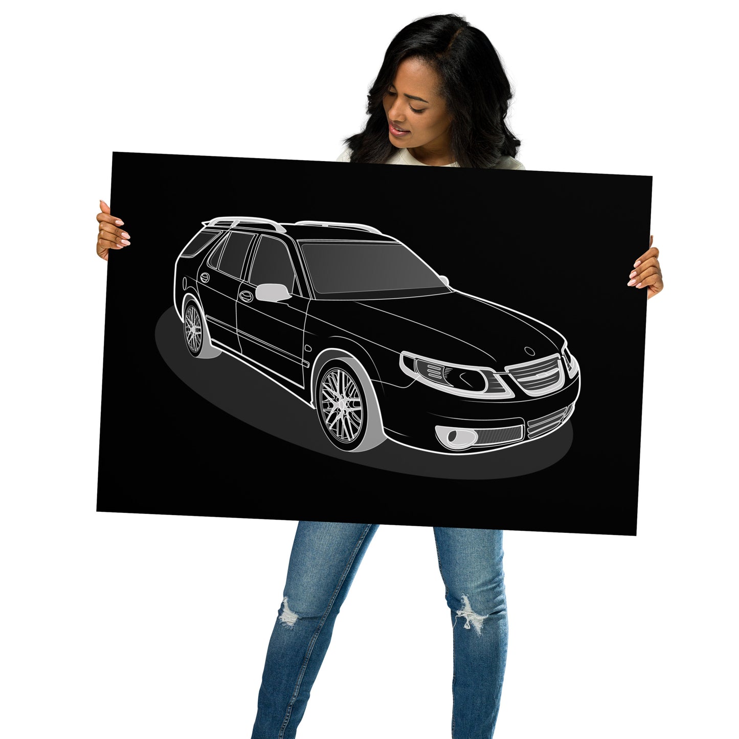Woman holding a 24x36 black and white car illustration