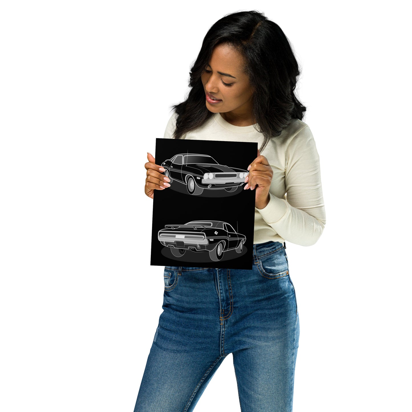woman holding 8x10 poster print of illustration of two car angles