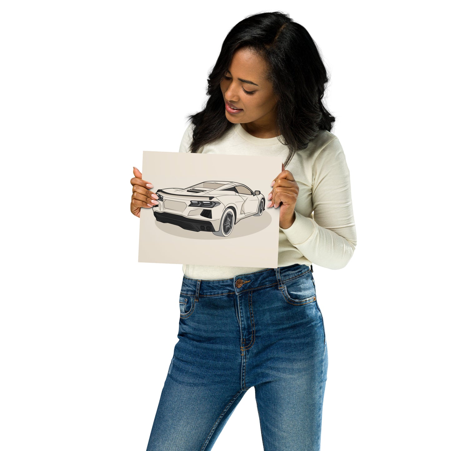 Woman holding a 8x10 drawing of a car in dust color