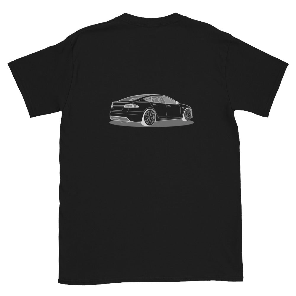 Model S Front and Back View On Unisex T-Shirt (3 Colors Available)
