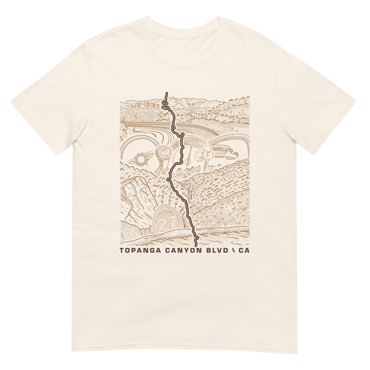Topanga Canyon Blvd CA-27 T-Shirt — Natural flat lay — CarVore Club