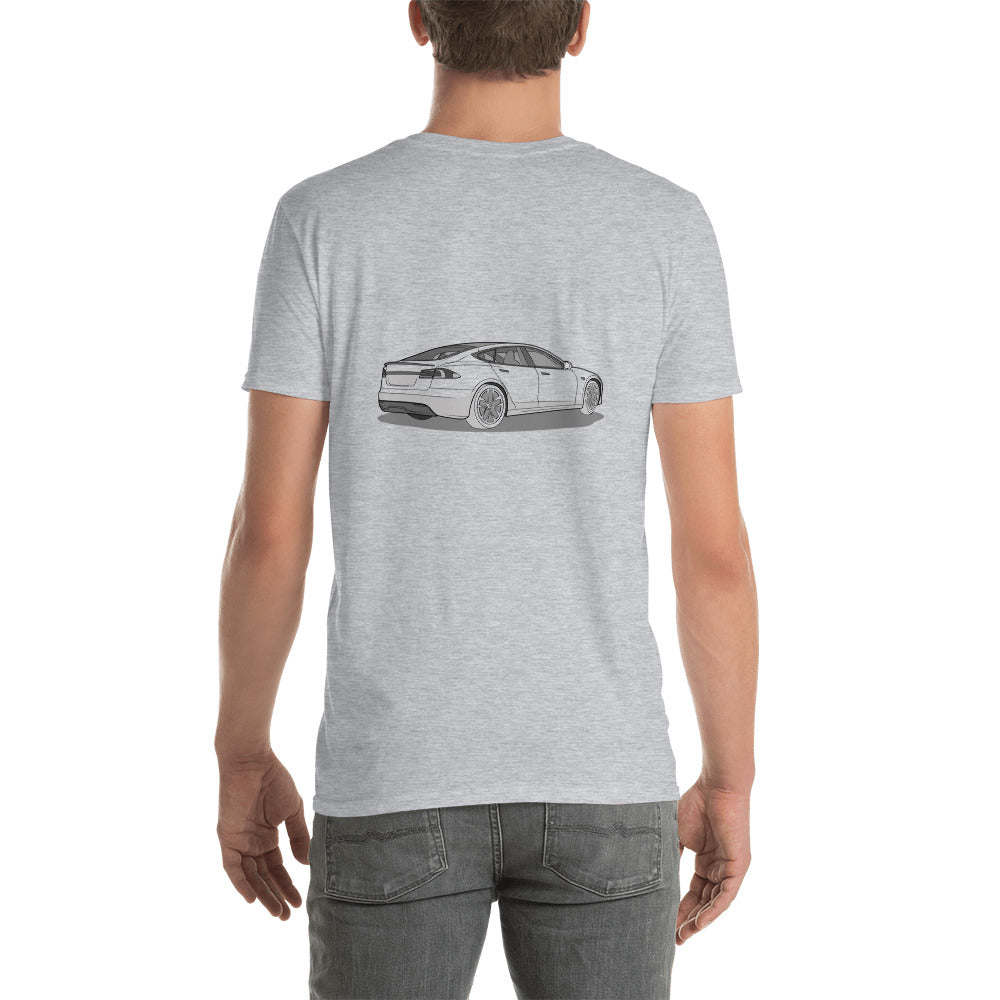 Model S Front and Back View On Unisex T-Shirt (3 Colors Available)