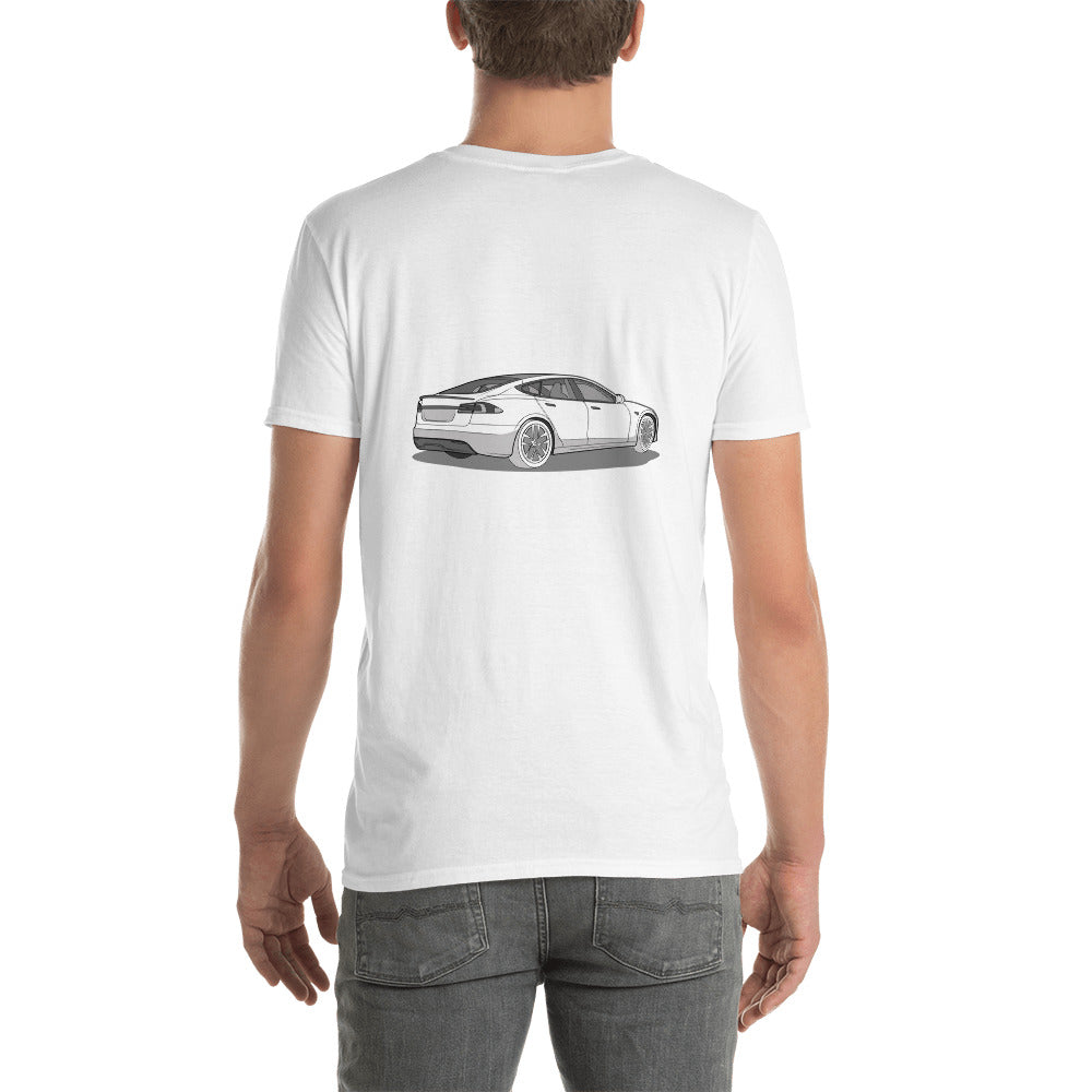 Model S Front and Back View On Unisex T-Shirt (3 Colors Available)