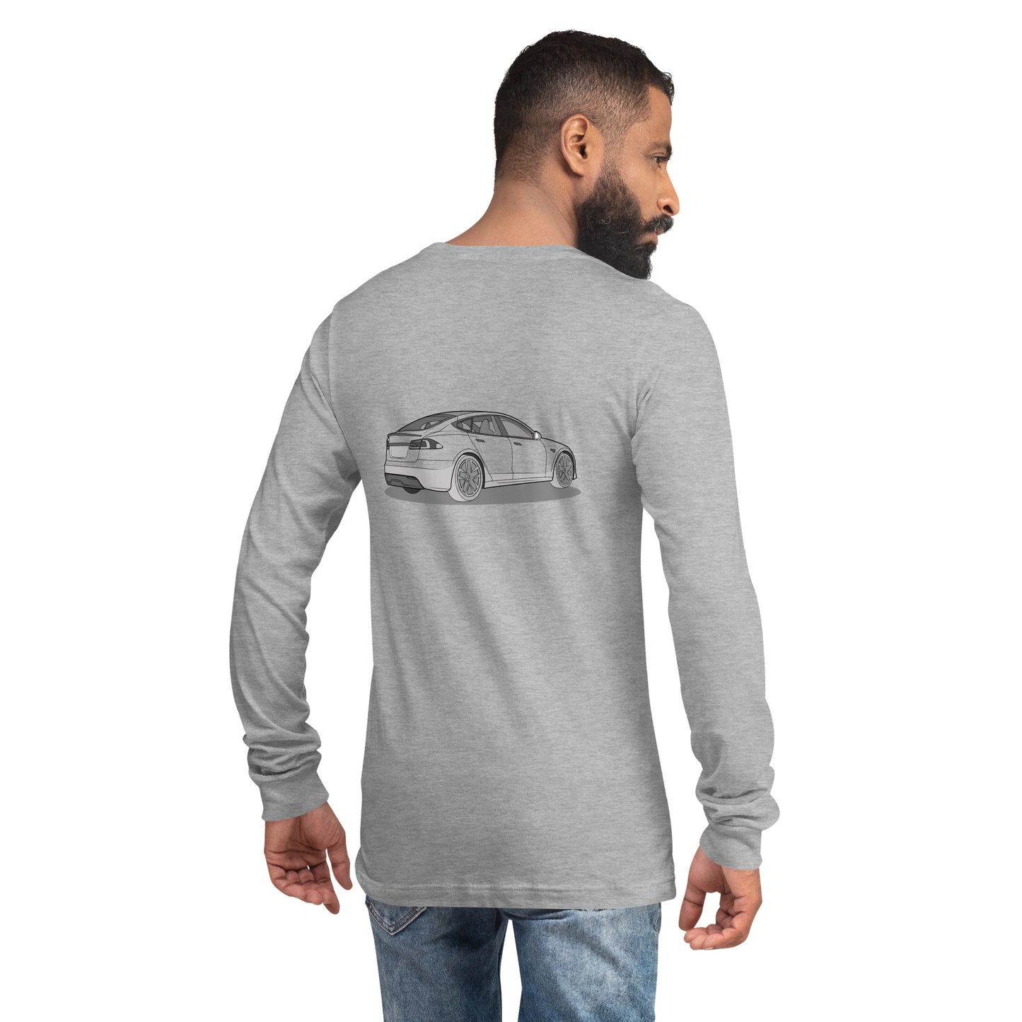 Model S Front and Back View On Premium Unisex Long-Sleeve Shirt (3 Colors Available)