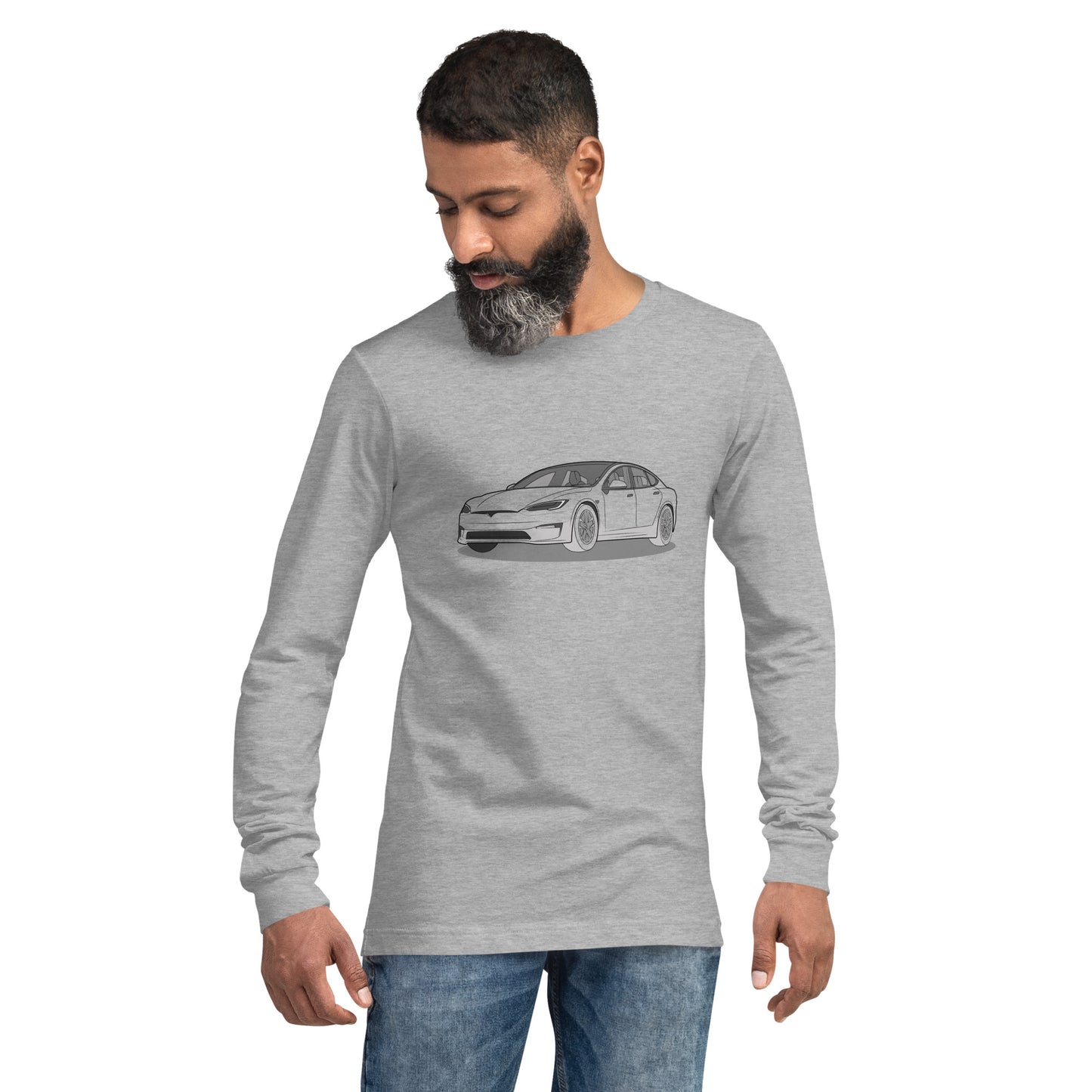 Model S Front and Back View On Premium Unisex Long-Sleeve Shirt (3 Colors Available)