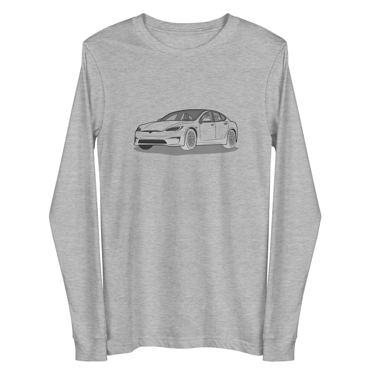 Model S Front View On Premium Unisex Long-Sleeve Shirt (3 Colors Available)