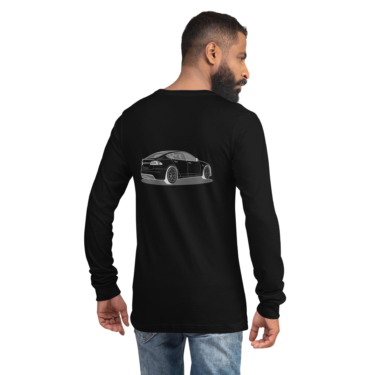 Model S Front and Back View On Premium Unisex Long-Sleeve Shirt (3 Colors Available)