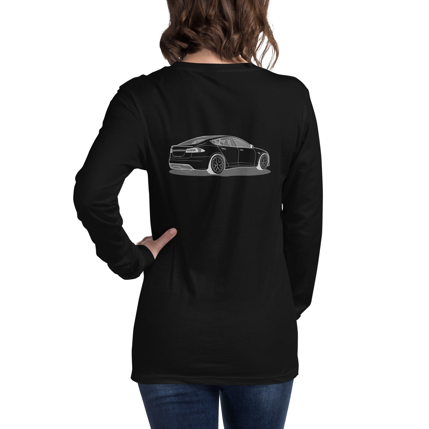 Model S Front and Back View On Premium Unisex Long-Sleeve Shirt (3 Colors Available)