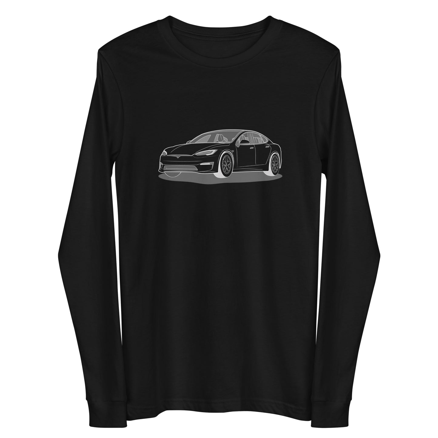 Model S Front View On Premium Unisex Long-Sleeve Shirt (3 Colors Available)