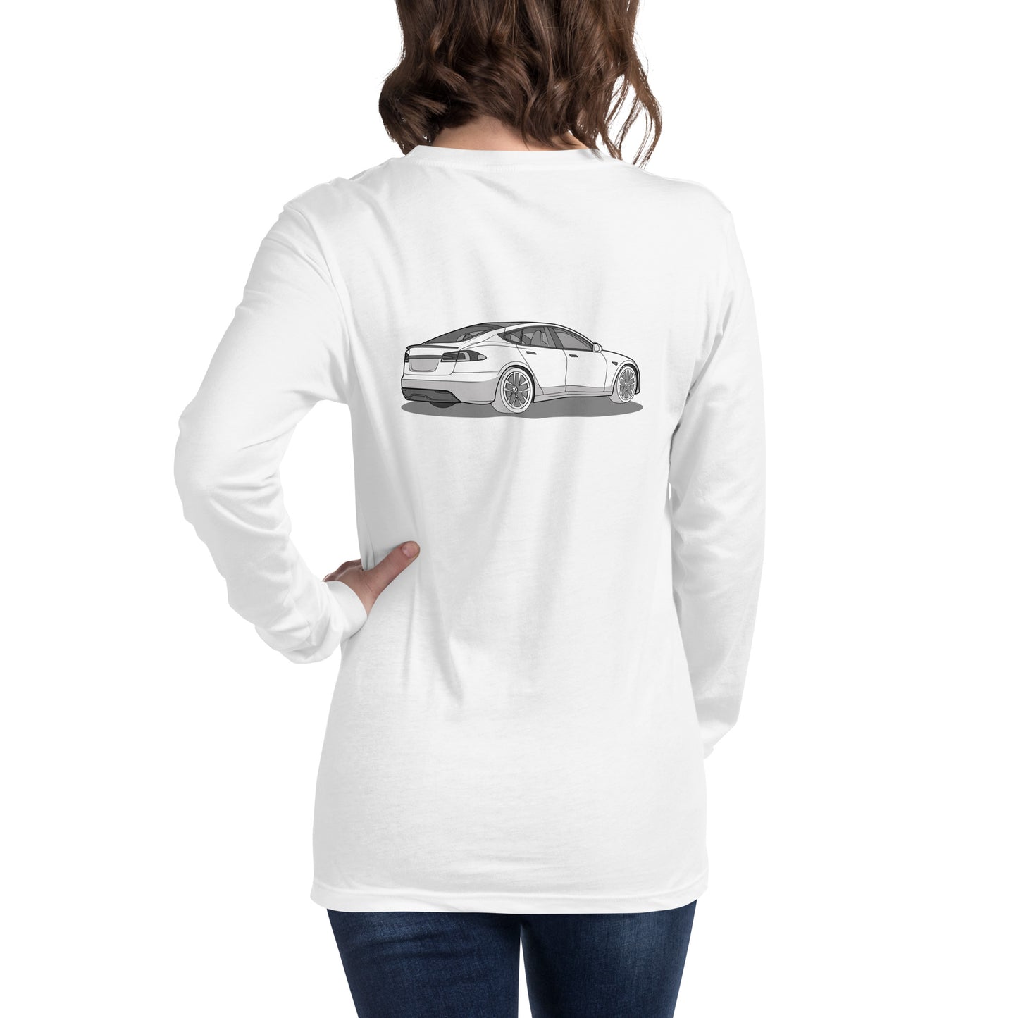 Model S Front and Back View On Premium Unisex Long-Sleeve Shirt (3 Colors Available)