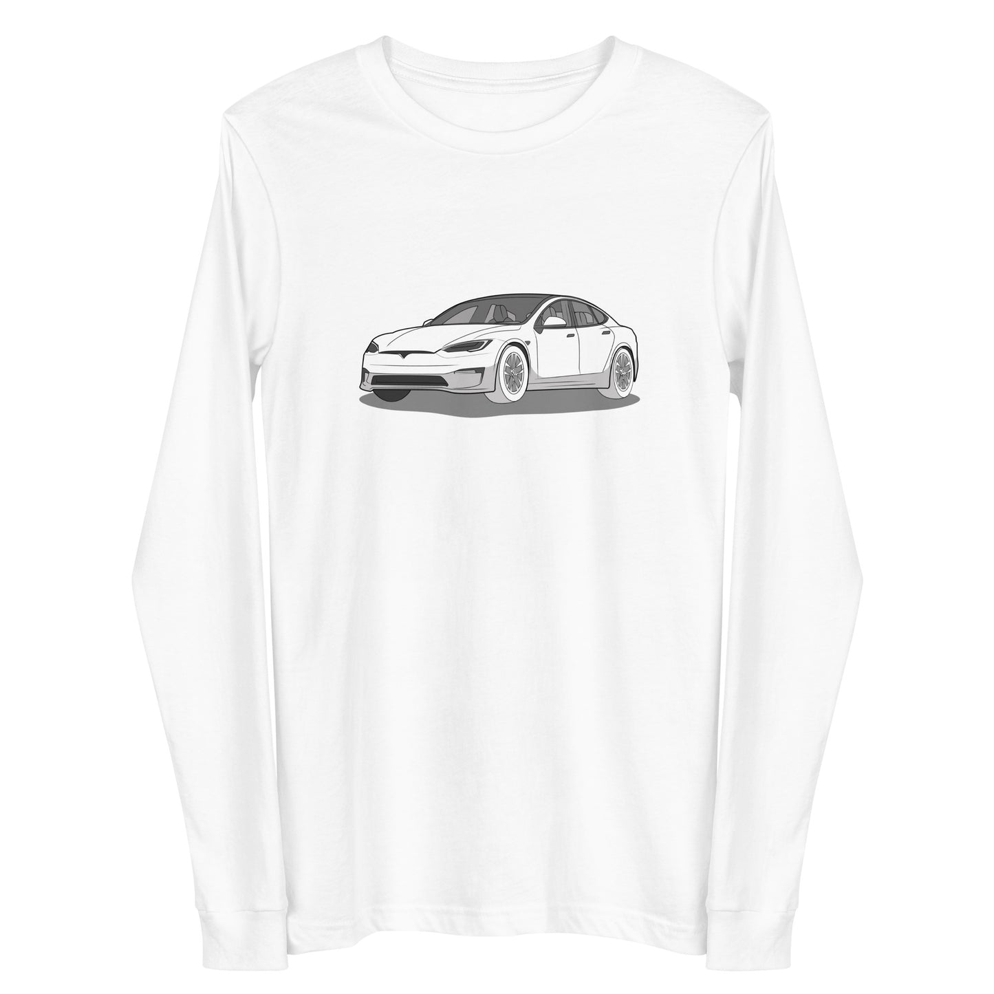 Model S Front View On Premium Unisex Long-Sleeve Shirt (3 Colors Available)