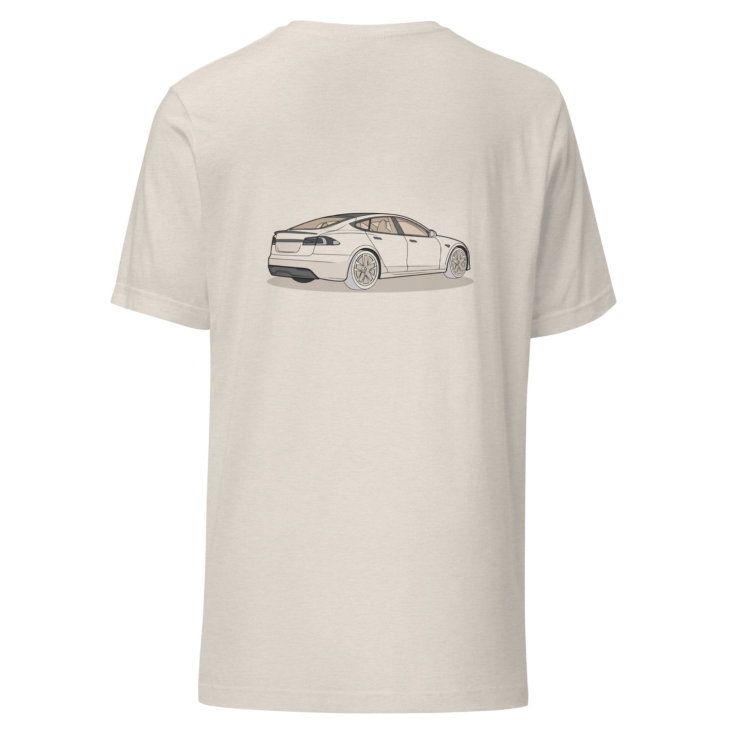 Model S Front and Back View On Heather Dust Unisex T-Shirt