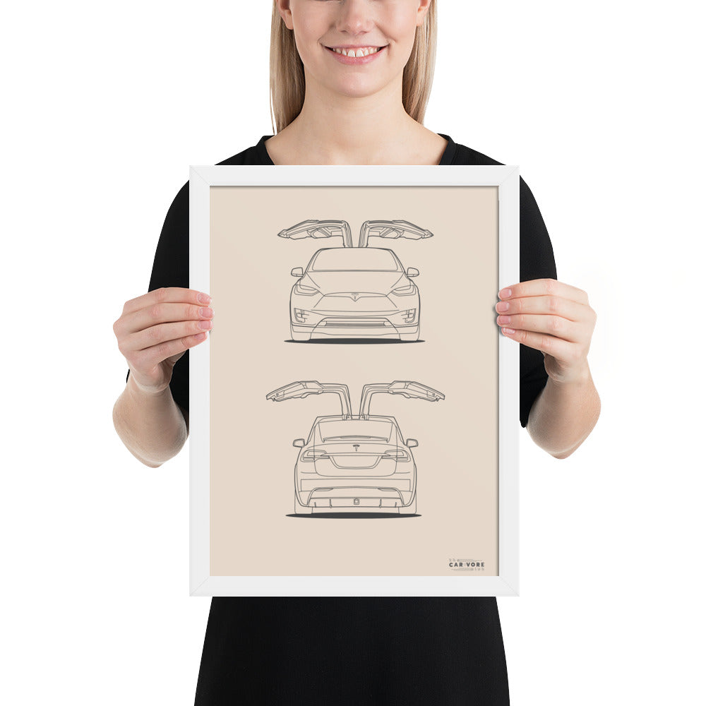 Tesla Model X Falcon Wings 12 in. x 16 in. Framed Poster (2 Frame Colors Available)