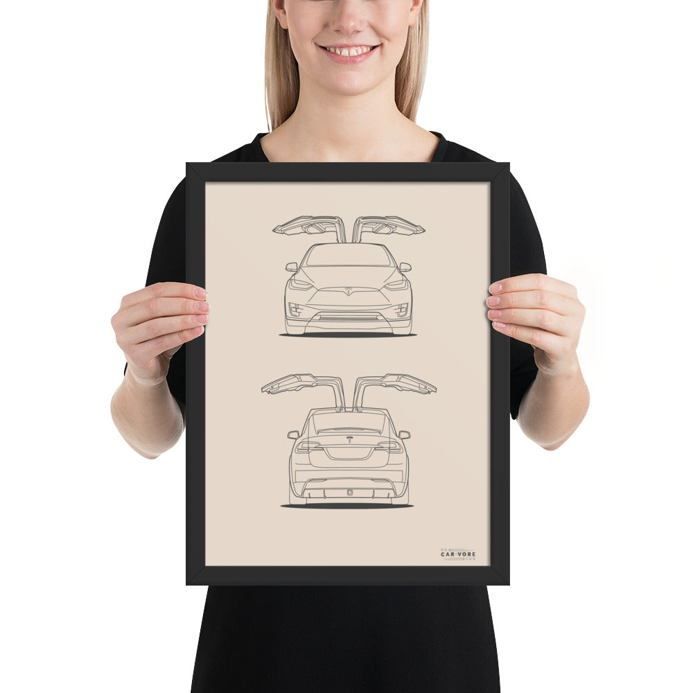Tesla Model X Falcon Wings 12 in. x 16 in. Framed Poster (2 Frame Colors Available)