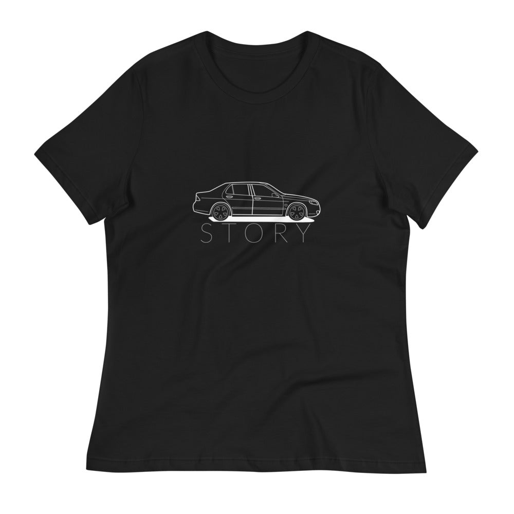 Saab Story 9-5 Sedan Outline Women's Relaxed Black T-Shirt