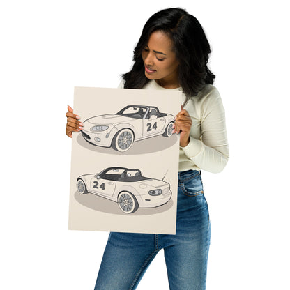 Woman holding a poster with car illustrations in dust color 