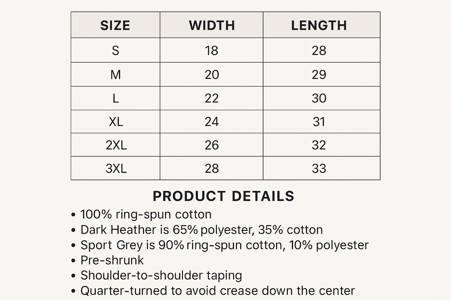 T-shirt sizing chart and product details