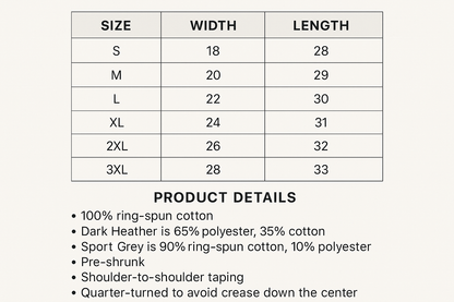 T-shirt sizing chart and product details