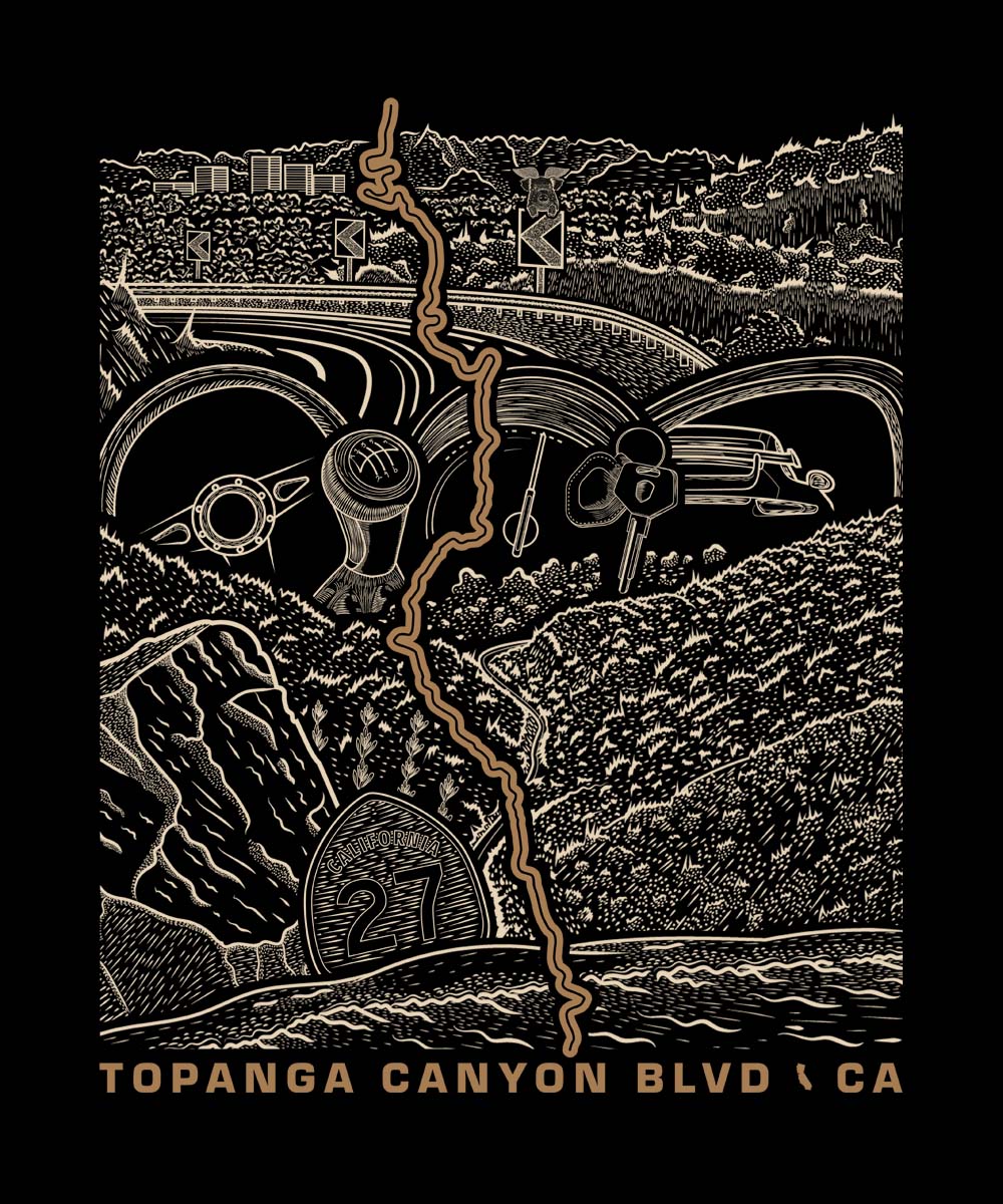 Topanga Canyon Blvd CA-27 hand-drawn road art illustration — canyon switchbacks, San Fernando Valley, flying pig, California sagebrush, and Pacific coastline terminus