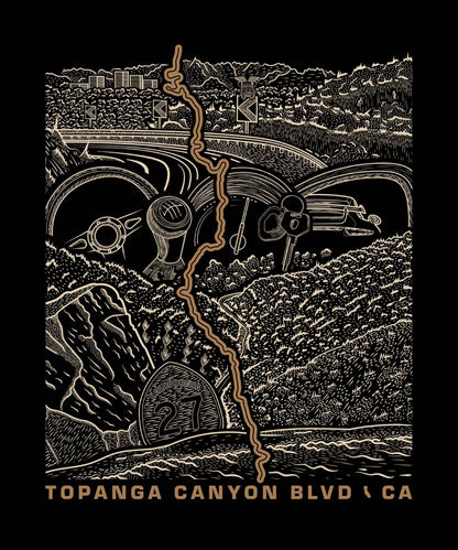 Topanga Canyon Blvd CA-27 hand-drawn road art illustration — canyon switchbacks, San Fernando Valley, flying pig, California sagebrush, and Pacific coastline terminus