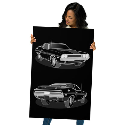 Woman holding a 24X36 inch black poster with illustration of two car angles 