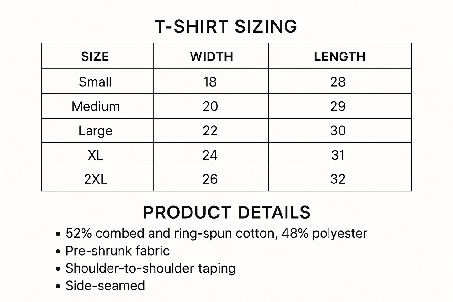 T-shirt sizing chart and product details with fabric weight removed