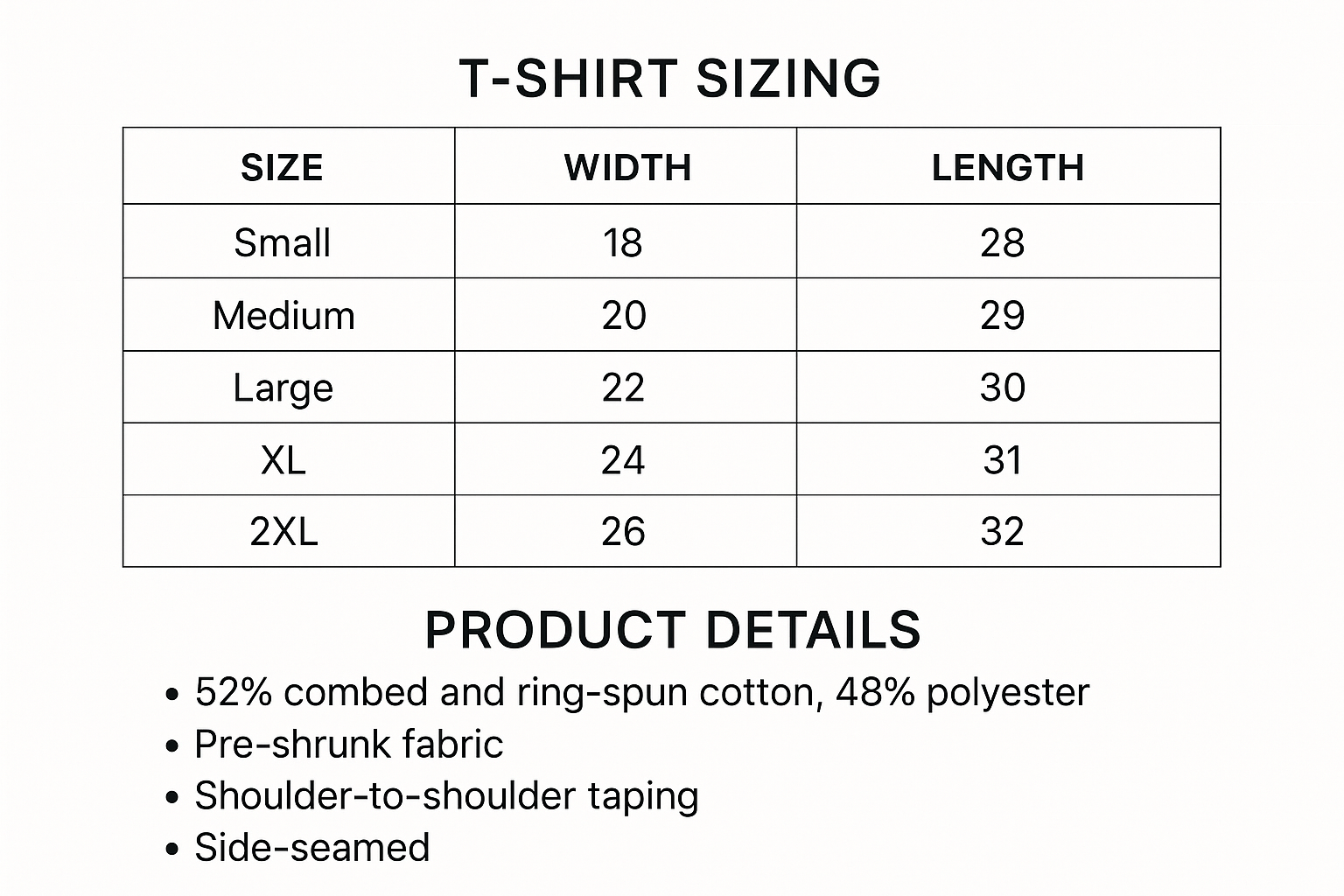 T-shirt sizing chart and product details with fabric weight removed