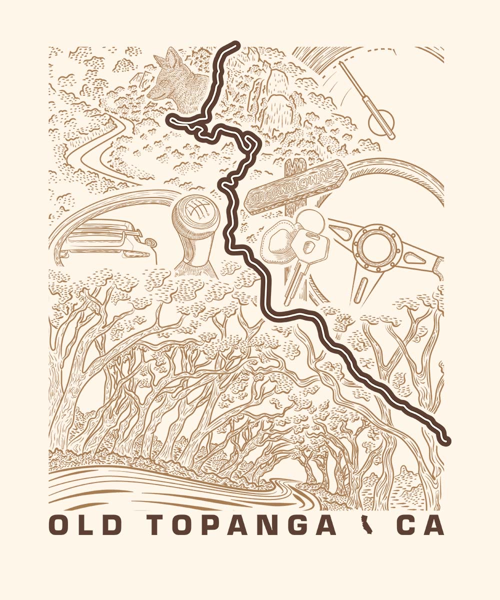 Old Topanga Canyon Road CA hand-drawn road art illustration — raw switchbacks, Big Rock, chaparral cliff face, coyote and coast live oak