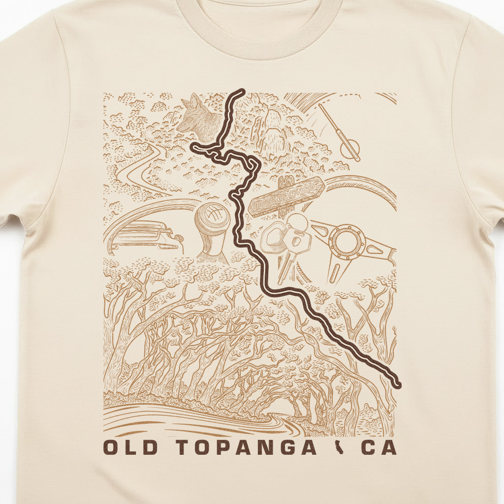 Old Topanga Canyon Road CA T-Shirt — close crop detail of hand-drawn road art design — CarVore Club