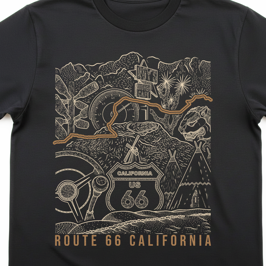 A close-up of a black t-shirt featuring a detailed graphic print of Route 66 California. The design includes illustrations of a vintage car steering wheel, a classic US 66 highway shield sign, a teepee, a lion statue, and a winding orange route line, all in a light beige/cream tone.