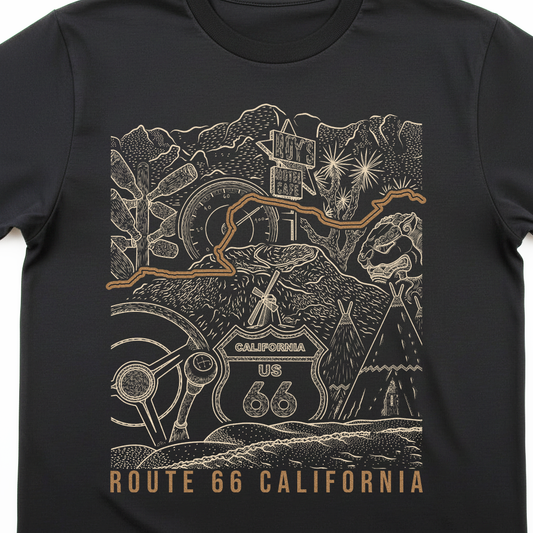 A close-up of a black t-shirt featuring a detailed graphic print of Route 66 California. The design includes illustrations of a vintage car steering wheel, a classic US 66 highway shield sign, a teepee, a lion statue, and a winding orange route line, all in a light beige/cream tone.