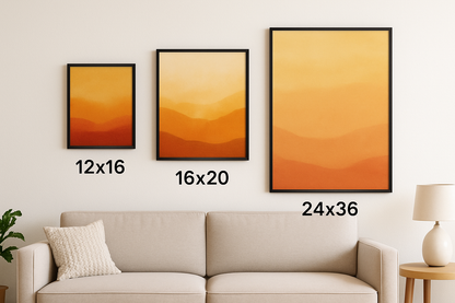 Size comparison of 12x16, 16x20, and 24x34 inch frames with full edge-to-edge images and no mats