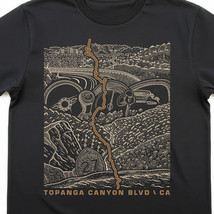 Topanga Canyon Blvd CA-27 T-Shirt — close crop detail of hand-drawn road art design — CarVore Club