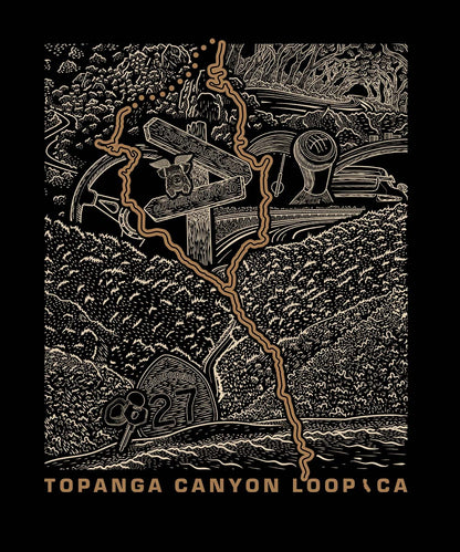Topanga Canyon Loop CA hand-drawn road art illustration — CA-27 switchbacks, sagebrush, and Pacific terminus