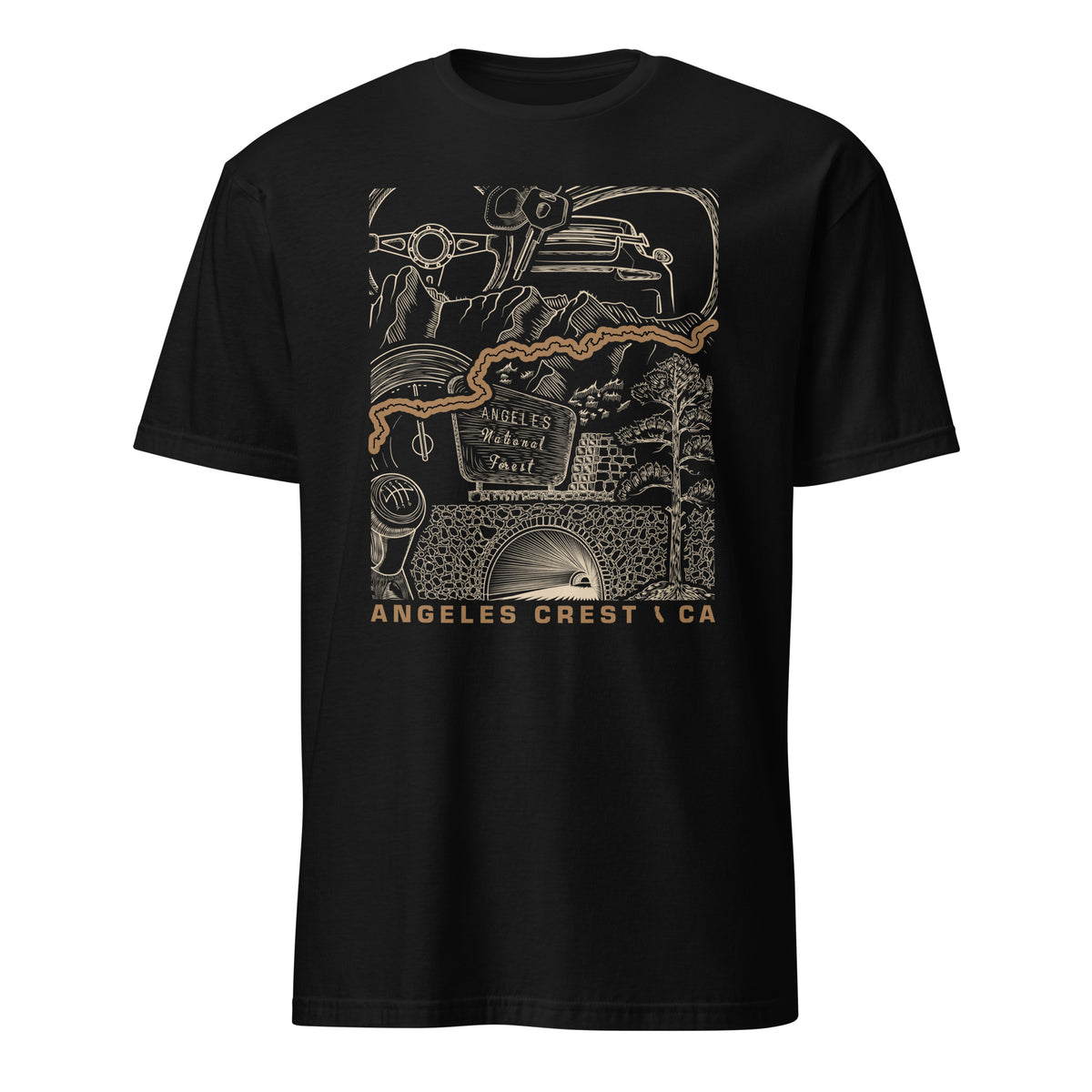 Angeles Crest Highway CA T-Shirt — black contour lay flat — CarVore Club